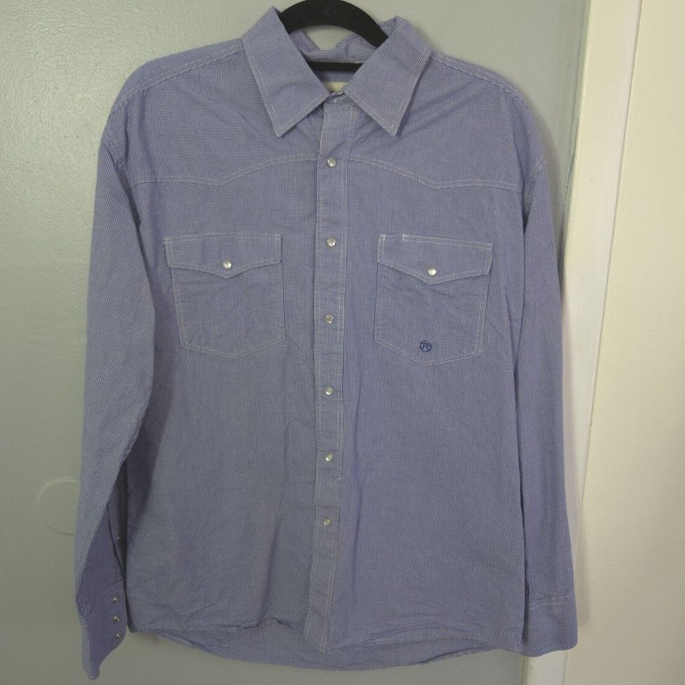 Roper Western‎ Shirt Mens Medium Blue Checkered Plaid White Pearl Snap